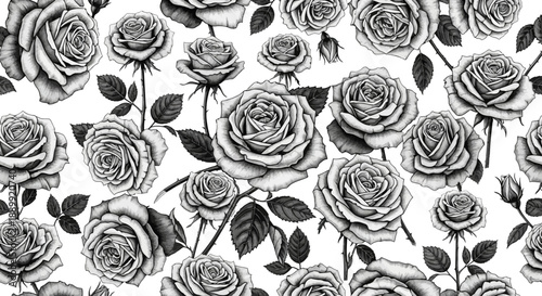 Elegant black and white illustration of roses and leaves in a seamless pattern, viewed from directly above