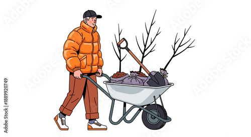 Man in orange jacket pushes wheelbarrow with gardening tools and branches in a winter landscape from a side view