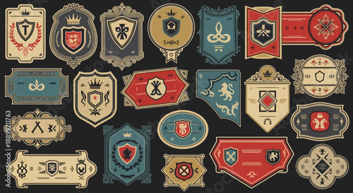 Collection of vintage heraldic shields and banners with royal emblems and symbols patterns