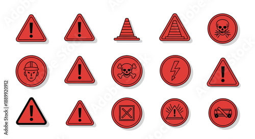 Set of red warning and caution icons for potential hazards and safety precautions on a white