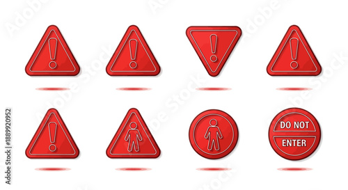 Collection of illustrated danger caution icons in red, signaling warnings and restrictions