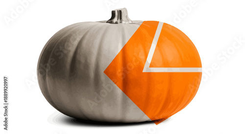 A split pumpkin with a grey and orange section, half-illustrated, on a plain background, viewed from the side.
