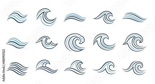 Stylized water waves illustration forming ocean surface icons or nautical design elements