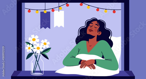 A serene woman rests on a bed surrounded by flowers and festive decorations in a cozy bedroom scene