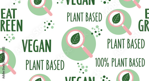 Vibrant green vegan pattern featuring magnifying glass and leaves, symbolizing plant-based lifestyle and eco-friendly living