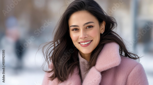 Faceless portrait of beautiful dark-haired young happy woman in pink coat walking in snow-covered park, winter holidays, seasonal outdoor enjoyment, cold weather leisure, defocused person, with