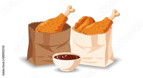 Fried chicken legs in paper bags with sauce bowl on white surface from direct view