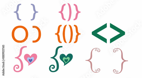 Collection of colorful curly brackets and symbols on a clean white background for design purposes