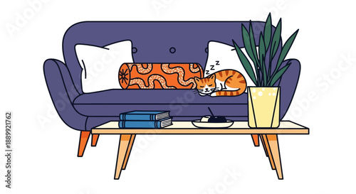Illustration of a cat resting on a purple sofa with a coffee table in a modern living room setting from a straightforward viewpoint