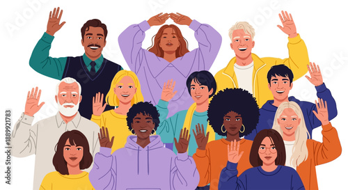 Diverse group of people gathered together, celebrating unity and diversity from a front viewpoint