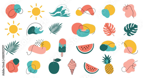Whimsical summer themed vector illustration featuring sun, waves, fruits and abstract shapes