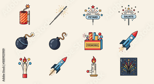 Collection of festive fireworks and explosive icons, celebrating special occasion with joyous