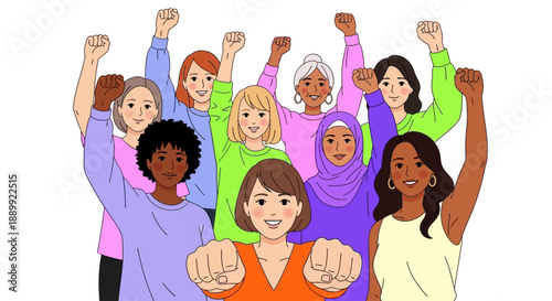 Diverse group of women standing together in solidarity, raising fists in empowerment and unity