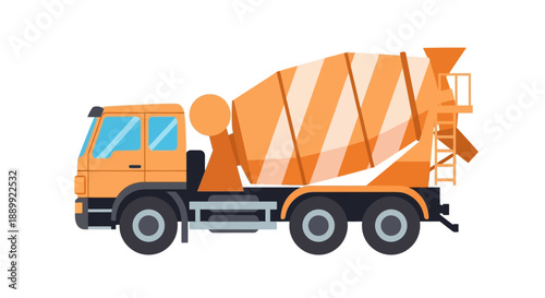 Orange cement mixer truck driving on road, industrial vehicle, construction site equipment, heavy machinery, transportation