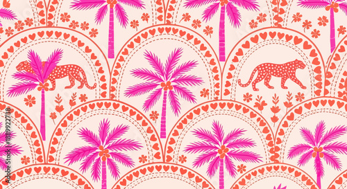 Vibrant floral and wildlife pattern featuring leopards, flowers, and palm trees in a repeating design