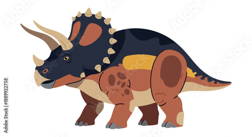 Two dinosaurs, a triceratops and its juvenile, standing together in a prehistoric landscape viewed from the side