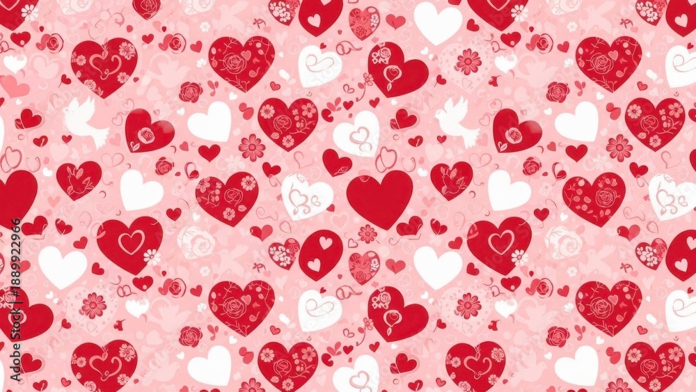 Obraz premium Seamless pattern with various red and white hearts and rose motifs on pink background