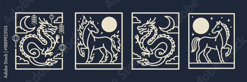 Monoline Celestial Dragon and Fire Horse Art Set for Lunar New Year