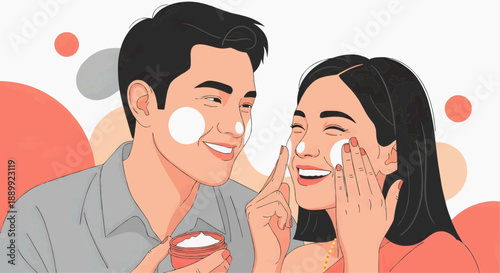 Vector image, flat illustration - A couple playfully applying white powder paste (Din Sor Pong) on each other's cheeks