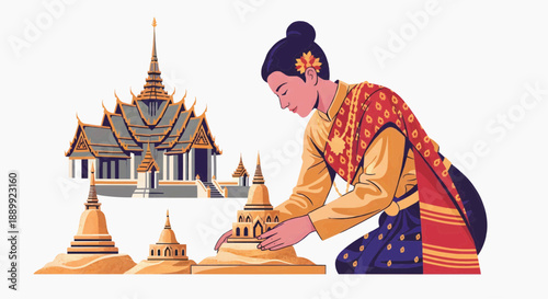 Vector image, flat illustration - Thai woman crafting sand pagodas during traditional festival celebration  