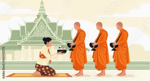 Vector image, flat illustration - Woman offering alms to Buddhist monks in front of temple  