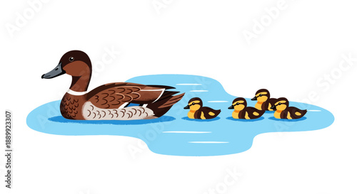 A mother duck swims with her ducklings in a serene water environment from a side viewpoint