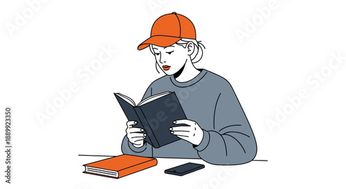 Man wearing orange cap reading book with phone nearby on table