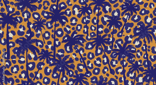 Vibrant tropical floral pattern with palm trees and exotic flowers in a seamless repeating design from a top-down viewpoint