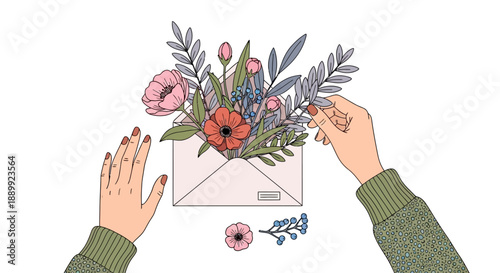 Hands holding envelope with flowers and foliage, an illustrative scene of giving a floral gift