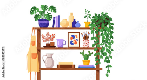 A wooden shelf displaying various plants and decorative items in a cozy indoor setting with a serene atmosphere