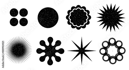 Collection of black abstract shapes and designs on a clean background from various viewpoints