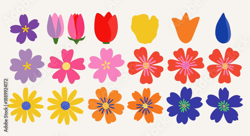Collection of colorful flowers and tulips arranged neatly in three rows on a plain background from a direct viewpoint