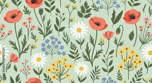 Floral pattern with poppies, daisies, and forget-me-nots in a lush garden environment from a top-down viewpoint