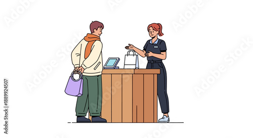 Customer service representative assisting a customer at a reception desk in a modern office environment