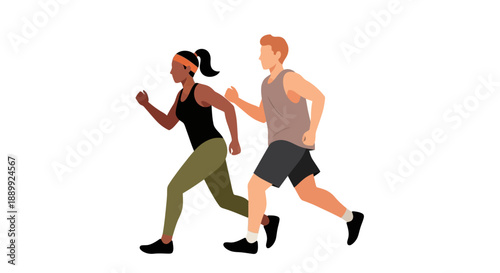 Man and woman jogging together in a dynamic running motion illustration
