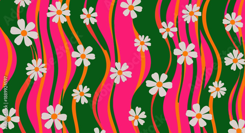 A vibrant floral pattern featuring wavy lines and white flowers on a green background from a direct viewpoint