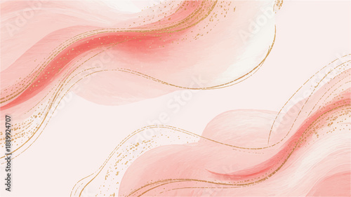 Elegant abstract background with soft pink watercolor strokes and shimmering gold lines, creating a luxurious and ethereal artistic design