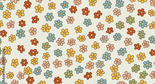 Seamless pattern of colorful flowers in a repeating design, viewed from directly above, in a digital illustration