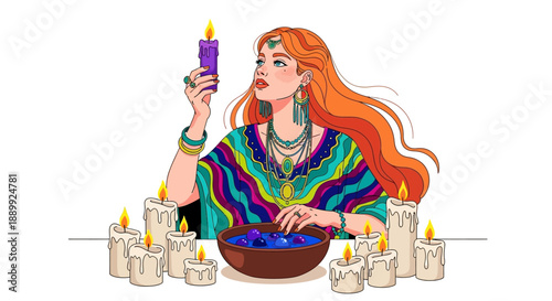 Woman holding candle in front of candles and a bowl, surrounded by serene ambiance