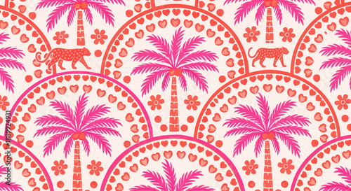 Vibrant Tropical Pattern Featuring Palm Trees and Animals in a Repeating Design