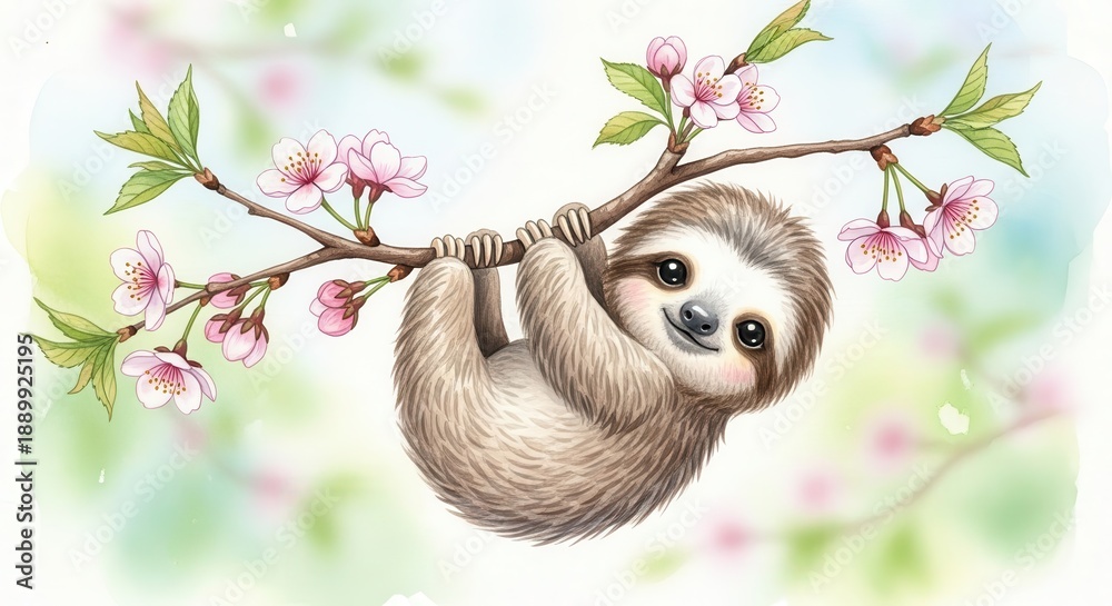 Fototapeta premium Adorable baby sloth hangs from a flowering tree branch in soft pastel colors