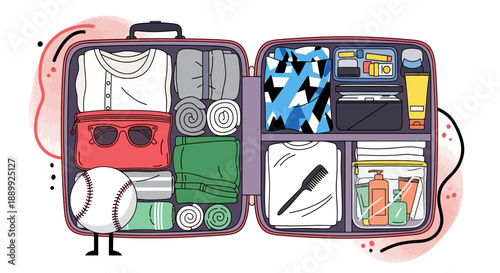 An open purple suitcase packed with various travel essentials viewed from the front