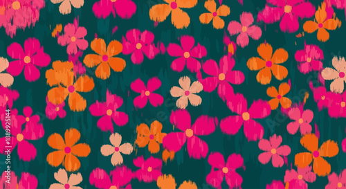 Vibrant floral arrangement with pink, orange, and beige flowers on a dark green background, overhead view, digital illustration