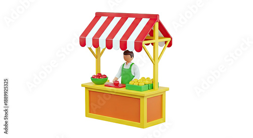 3D illustration of a cartoon fruit vendor at a market stall