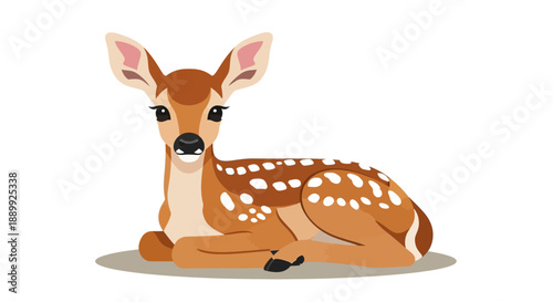 A digital illustration of a resting fawn, lying down with alert ears, in a minimalist environment from a frontal viewpoint.