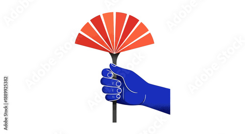 A blue hand grasping a red fan with white accents, depicted in a simple illustration style