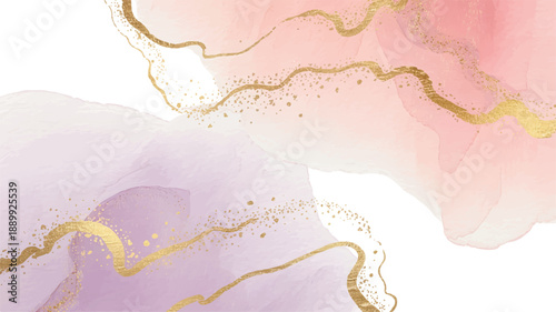 Soft ethereal watercolor background with delicate gold accents, blending pink and purple hues for an artistic and luxurious texture