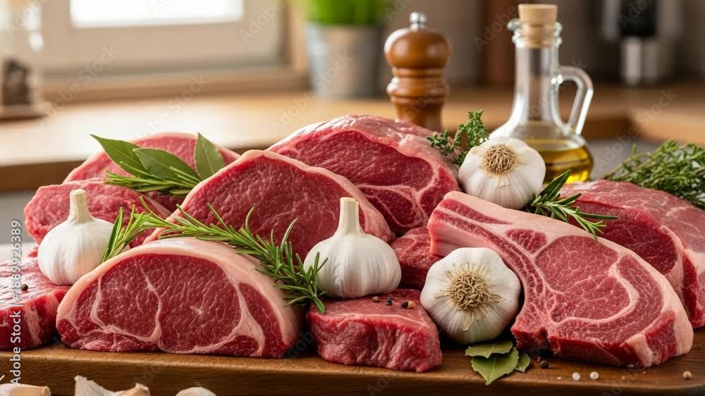 Uncuttable Meat A selection of premium raw meat cuts ready for cooking on a wooden ...