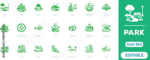 Park icon set. featuring nature, recreation, camping, hiking, playground, picnic, landscape, forest, relaxation and more icons. perfect vector icon collection