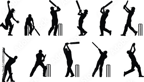 Cricket action silhouettes, bowling, batting, fielding poses, black figures, sports motion, stumps, dynamic players, white background, athletic icons